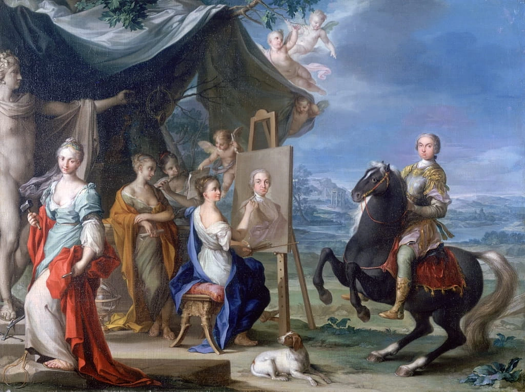 Ritratto equestre di un nobile mecenate con personificazioni della scultura, della poesia, della musica e della pittura